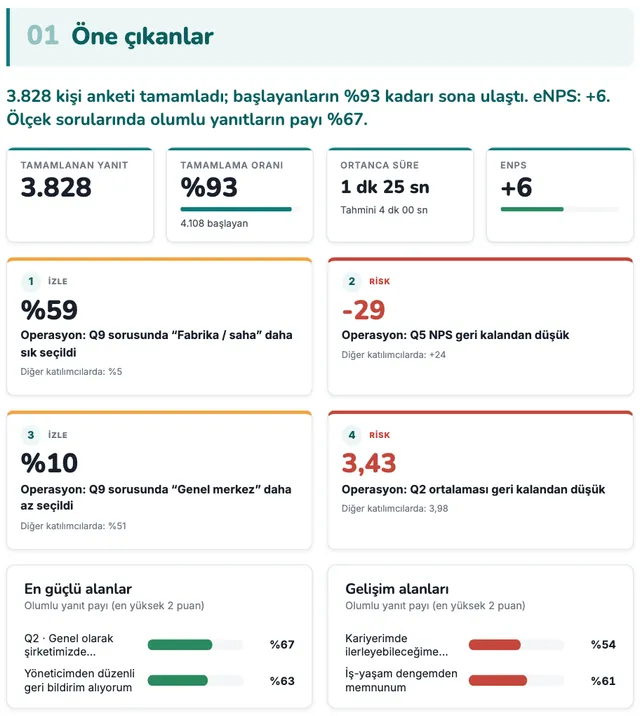 Report page: highlights — KPI tiles and finding cards color-coded by importance
